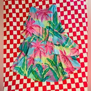 Farm Rio Boho Tropical Print Floral Multi Color Asymmetrical Tiered Midi Skirt
